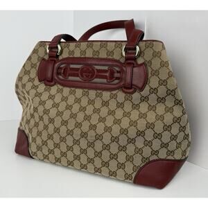 Gucci Red/Beige GG Canvas and Leather Medium Supreme Web Dressage Tote